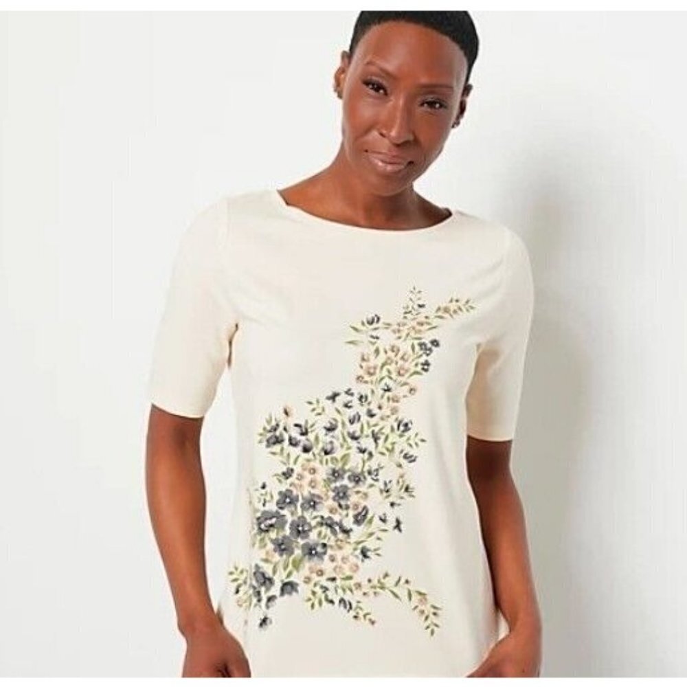 Isaac Mizrahi Live! Engineered Floral Boat Neck Top Linen X-Small